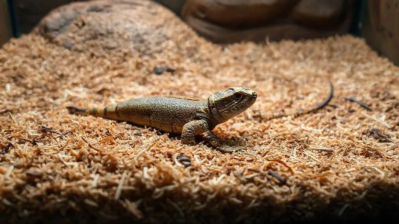 A photorealistic, professional photography, 8K, cinematic lighting, sharp focus, depth of field, shot on a high-end DSLR, of a reptile terrarium floor covered with a thick, soft layer of finely shredded cypress mulch mixed with coco fiber, demonstrating an ideal substrate for an elderly reptile. A gentle, low slope is visible, and the texture is invitingly soft, with no sharp edges. The lighting highlights the natural, earthy tones and the comfortable appearance of the bedding.