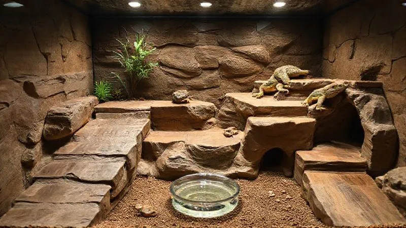 A photorealistic, professional photography, 8K, cinematic lighting, sharp focus, depth of field, shot on a high-end DSLR, of an internal view of a reptile terrarium specifically designed for an elderly reptile with arthritis. It features multiple wide, gently sloped ramps made of natural-looking, textured wood or stone leading to various low-level platforms and hideouts. A shallow water dish is easily accessible at ground level, and the overall impression is one of effortless movement and comfort. The lighting is soft, highlighting the accessibility features without harsh shadows.