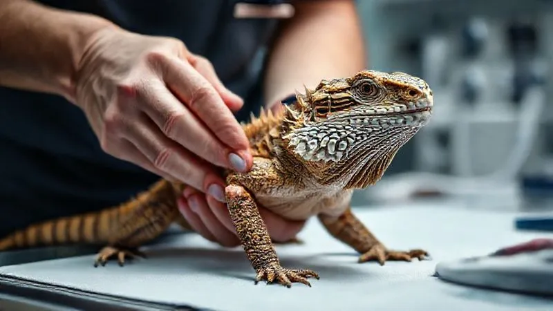 A photorealistic, professional photography, 8K, cinematic lighting, sharp focus, depth of field, shot on a high-end DSLR, of a veterinarian's hands gently examining an elderly bearded dragon's leg and joints. The reptile looks calm and comfortable, and the vet's hands are soft and reassuring. The focus is on the interaction, conveying expertise and compassionate care in a clean, professional clinical setting, with subtle medical equipment in the soft-focused background.