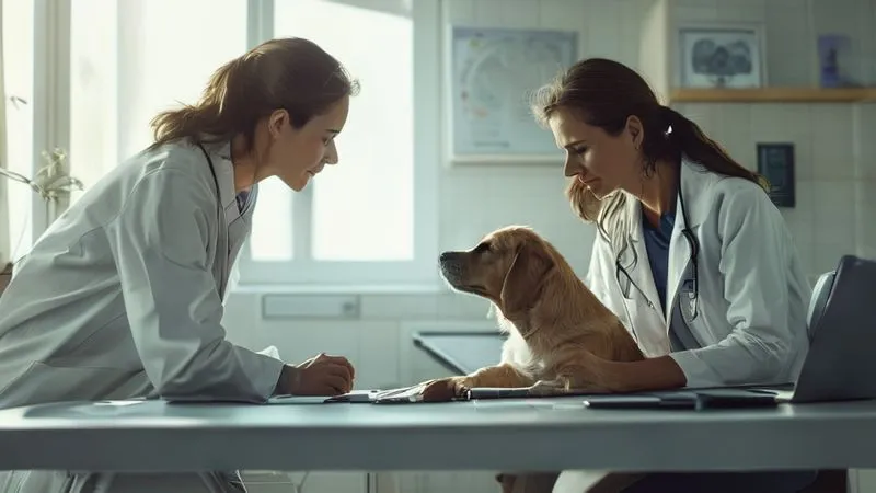 Photorealistic, professional photography, 8K, cinematic lighting, sharp focus, depth of field, shot on a high-end DSLR. A compassionate female veterinarian, in a clean white coat, gently examines a calm, senior Beagle dog on an examination table. The dog is looking up at the owner with trust. The owner, a middle-aged woman, is looking at the vet with concern and hope. Medical charts and a laptop are visible in the background, out of focus. The scene conveys empathy and professional care. Photorealistic, professional photography, 8K, cinematic lighting, sharp focus, depth of field, shot on a high-end DSLR. A compassionate female veterinarian, in a clean white coat, gently examines a calm, senior Beagle dog on an examination table. The dog is looking up at the owner with trust. The owner, a middle-aged woman, is looking at the vet with concern and hope. Medical charts and a laptop are visible in the background, out of focus. The scene conveys empathy and professional care.