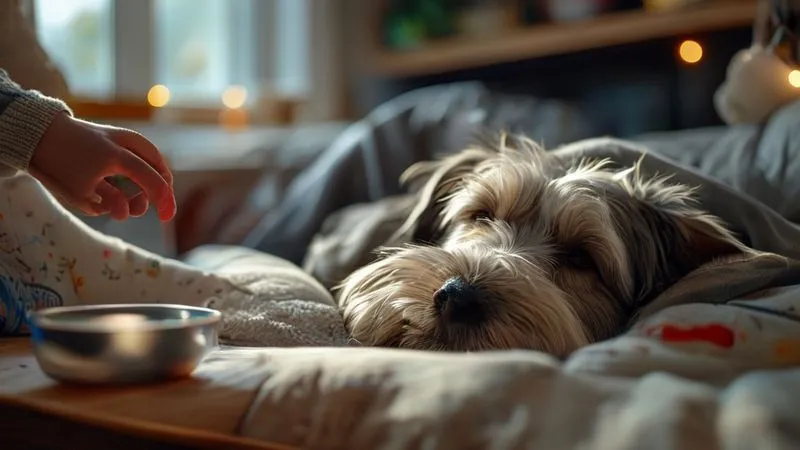 Photorealistic, professional photography, 8K, cinematic lighting, sharp focus, depth of field, shot on a high-end DSLR. A cozy indoor scene with a senior dog, possibly a mixed breed with grey muzzle, peacefully sleeping on a soft dog bed. A human hand is gently covered with a blanket over the dog. Soft, warm lighting creates a comforting atmosphere. A small bowl of water and a favorite toy are nearby. The focus is on the dog's serene face, conveying comfort and recovery. Photorealistic, professional photography, 8K, cinematic lighting, sharp focus, depth of field, shot on a high-end DSLR. A cozy indoor scene with a senior dog, possibly a mixed breed with grey muzzle, peacefully sleeping on a soft dog bed. A human hand is gently covered with a blanket over the dog. Soft, warm lighting creates a comforting atmosphere. A small bowl of water and a favorite toy are nearby. The focus is on the dog's serene face, conveying comfort and recovery.