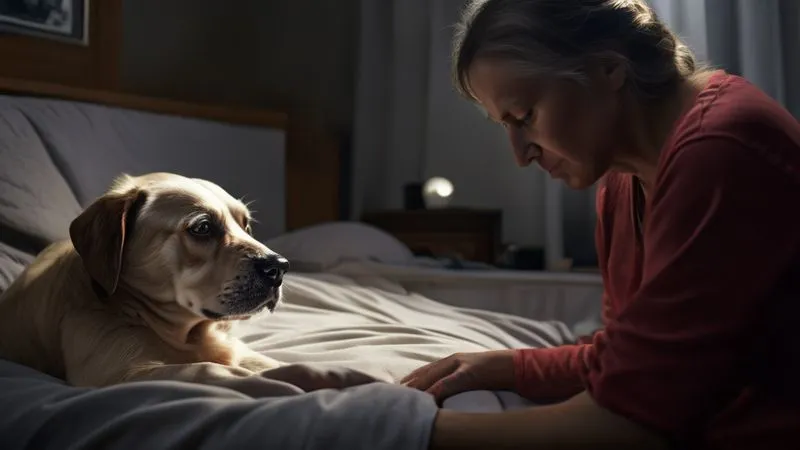 Photorealistic, professional photography, 8K, cinematic lighting, sharp focus, depth of field, shot on a high-end DSLR. A concerned pet owner gently checking on their senior dog, who is resting on a bed. The owner's hand is softly feeling the dog's forehead, checking for fever. The dog looks slightly listless but trustful. The background is a cozy, dimly lit bedroom, conveying a sense of care and vigilance. Focus on the interaction and the dog's expression. Photorealistic, professional photography, 8K, cinematic lighting, sharp focus, depth of field, shot on a high-end DSLR. A concerned pet owner gently checking on their senior dog, who is resting on a bed. The owner's hand is softly feeling the dog's forehead, checking for fever. The dog looks slightly listless but trustful. The background is a cozy, dimly lit bedroom, conveying a sense of care and vigilance. Focus on the interaction and the dog's expression.
