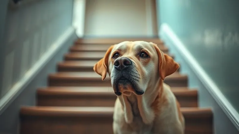 A photorealistic image of a senior dog, possibly a Labrador, looking up at a flight of stairs with a look of apprehension and a slight limp, highlighting the emotional struggle and physical discomfort. Cinematic lighting, sharp focus on the dog's expression, depth of field blurring the background. 8K hyper-detailed, professional photography, shot on a high-end DSLR.
