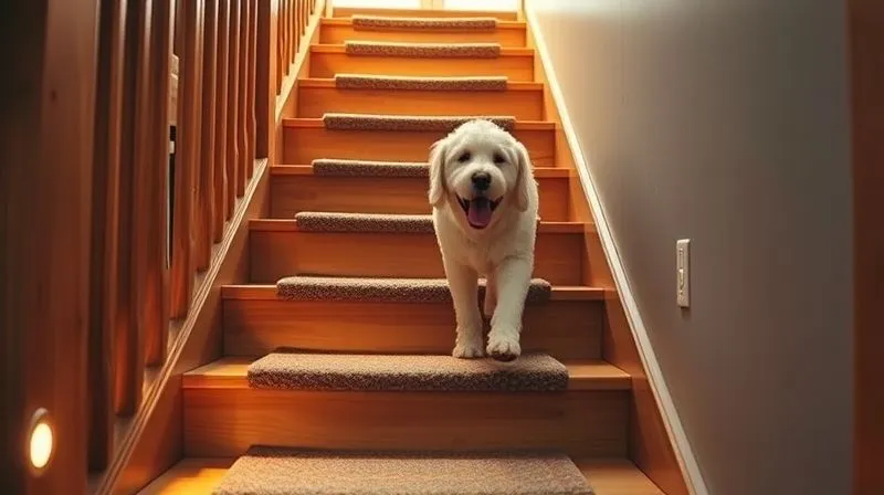 A photorealistic image of a well-lit wooden staircase with anti-slip carpet treads installed, showing a senior dog confidently walking up, with soft, warm light illuminating each step. Cinematic lighting, sharp focus on the dog and treads, depth of field blurring the background. 8K hyper-detailed, professional photography, shot on a high-end DSLR.