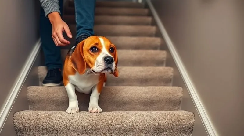 A heartwarming photorealistic image of a loving owner gently encouraging a senior Beagle to ascend the first step of a carpeted staircase with a small, high-value treat in hand. The dog looks slightly hesitant but curious, with a soft, encouraging interaction between them. Cinematic lighting, sharp focus on the dog and treat, depth of field blurring the background. 8K hyper-detailed, professional photography, shot on a high-end DSLR.