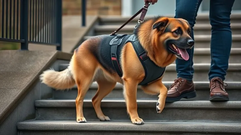 A photorealistic image of a senior dog, perhaps a German Shepherd, wearing a comfortable full-body support harness, being gently assisted by an owner as they navigate a few steps. The harness is clearly visible, providing stability and support. Cinematic lighting, sharp focus on the dog and harness, depth of field blurring the background. 8K hyper-detailed, professional photography, shot on a high-end DSLR.