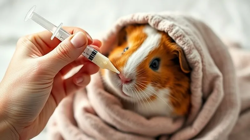 A photorealistic, professional photography image of a gentle hand holding a small syringe, carefully administering a soft food mixture to an elderly guinea pig. The guinea pig is wrapped in a soft towel, looking calm and accepting. Cinematic lighting, sharp focus on the feeding action, depth of field blurring the background, 8K hyper-detailed, shot on a high-end DSLR.