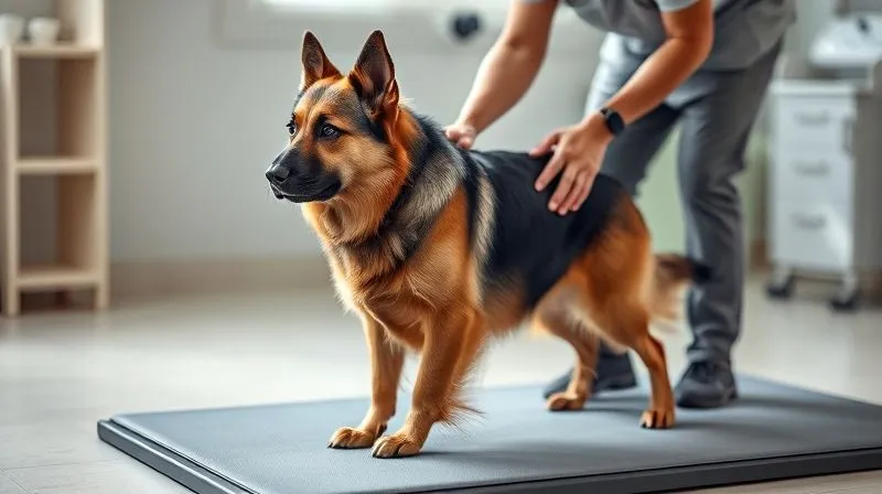 A photorealistic image of a veterinarian physiotherapist gently assisting a senior dog (perhaps a German Shepherd) with a controlled 'sit-to-stand' exercise on a padded mat. The dog looks focused and calm. The setting is a clean, professional veterinary clinic. Cinematic lighting, sharp focus on the dog and therapist's hands, depth of field, 8K, professional photography, shot on a high-end DSLR.