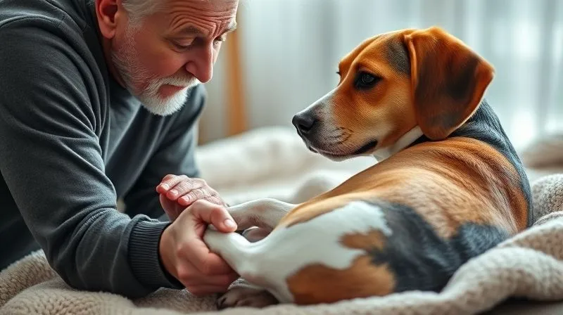 A photorealistic image of a concerned owner gently examining their senior dog's hind leg. The dog (a Beagle mix) is lying comfortably on a soft blanket. The owner's face shows empathy and focus, while the dog's expression is calm. Soft, natural indoor lighting, sharp focus on the interaction, depth of field, 8K, professional photography, shot on a high-end DSLR.