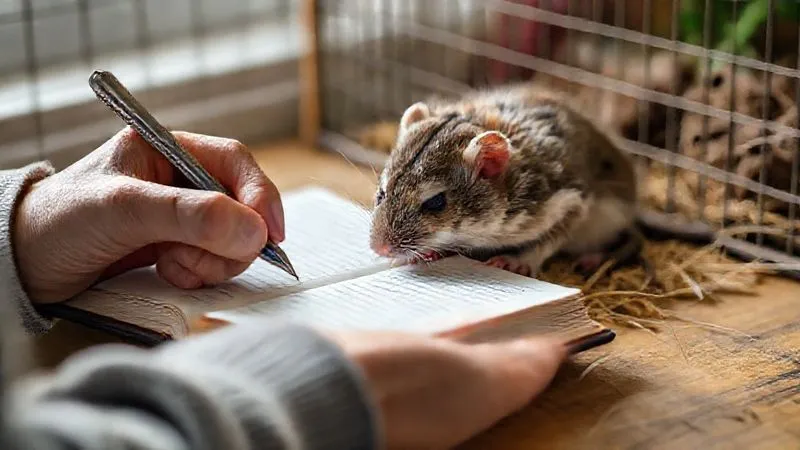 A photorealistic, professional photography image of a caring human hand gently writing notes in a small journal, with an elderly exotic rodent resting peacefully nearby in its adapted habitat. The scene emphasizes diligent monitoring and care. Cinematic lighting, sharp focus on the hand and journal, depth of field blurring the background, 8K hyper-detailed, shot on a high-end DSLR. A photorealistic, professional photography image of a caring human hand gently writing notes in a small journal, with an elderly exotic rodent resting peacefully nearby in its adapted habitat. The scene emphasizes diligent monitoring and care. Cinematic lighting, sharp focus on the hand and journal, depth of field blurring the background, 8K hyper-detailed, shot on a high-end DSLR.