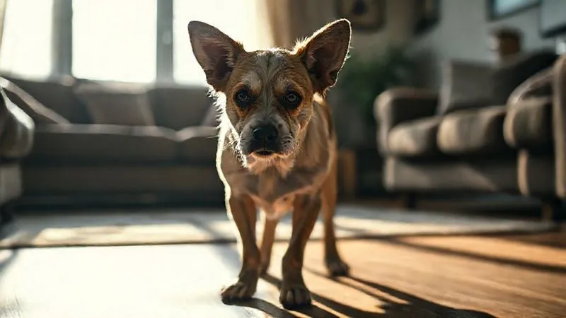 A photorealistic image of an old, slightly disoriented dog with clouded eyes, standing hesitantly in a dimly lit, familiar living room, casting long shadows. The dog's posture shows mild anxiety, with ears slightly back. Professional photography, 8K, cinematic lighting, sharp focus, depth of field, shot on a high-end DSLR, emphasizing the dog's vulnerability. A photorealistic image of an old, slightly disoriented dog with clouded eyes, standing hesitantly in a dimly lit, familiar living room, casting long shadows. The dog's posture shows mild anxiety, with ears slightly back. Professional photography, 8K, cinematic lighting, sharp focus, depth of field, shot on a high-end DSLR, emphasizing the dog's vulnerability.