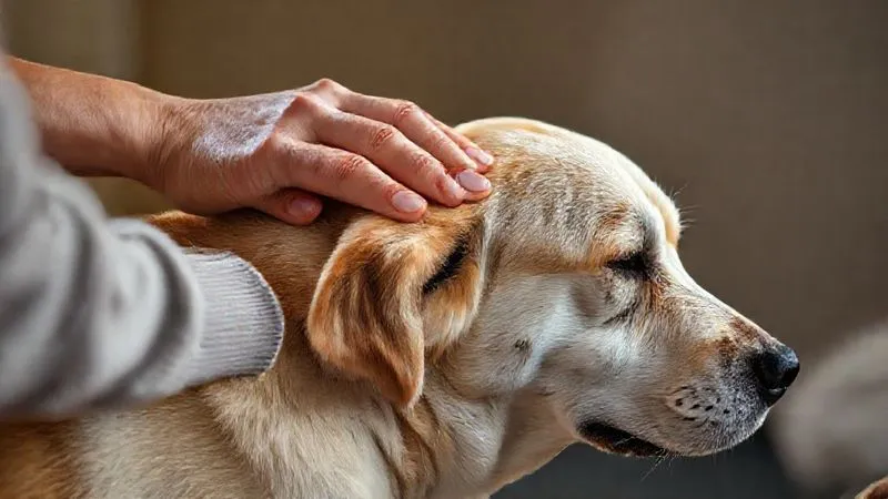 A photorealistic, professional photography, 8K, cinematic lighting, sharp focus, depth of field, shot on a high-end DSLR of a loving human gently placing a hand on the back of an elderly, calm dog with its head turned slightly, as if receiving a silent cue. The interaction is tender and reassuring, highlighting non-verbal communication and trust. Soft, warm light illuminates the scene. A photorealistic, professional photography, 8K, cinematic lighting, sharp focus, depth of field, shot on a high-end DSLR of a loving human gently placing a hand on the back of an elderly, calm dog with its head turned slightly, as if receiving a silent cue. The interaction is tender and reassuring, highlighting non-verbal communication and trust. Soft, warm light illuminates the scene.