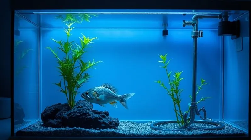 A photorealistic, peaceful scene of a small, well-maintained quarantine tank or hospital tank, with gentle filtration, soft lighting, and a single elderly fish resting calmly near a plant. The focus is on tranquility and comfort. Cinematic lighting, sharp focus, depth of field, 8K hyper-detailed, professional photography. A photorealistic, peaceful scene of a small, well-maintained quarantine tank or hospital tank, with gentle filtration, soft lighting, and a single elderly fish resting calmly near a plant. The focus is on tranquility and comfort. Cinematic lighting, sharp focus, depth of field, 8K hyper-detailed, professional photography.