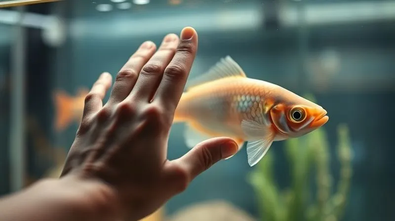 A photorealistic, soft-focused image of a person's hand gently touching the glass of an aquarium, with a blurred elderly fish inside. The image conveys empathy, care, and a sense of quiet connection between owner and pet. Cinematic lighting, warm tones, depth of field, 8K hyper-detailed, professional photography. A photorealistic, soft-focused image of a person's hand gently touching the glass of an aquarium, with a blurred elderly fish inside. The image conveys empathy, care, and a sense of quiet connection between owner and pet. Cinematic lighting, warm tones, depth of field, 8K hyper-detailed, professional photography.