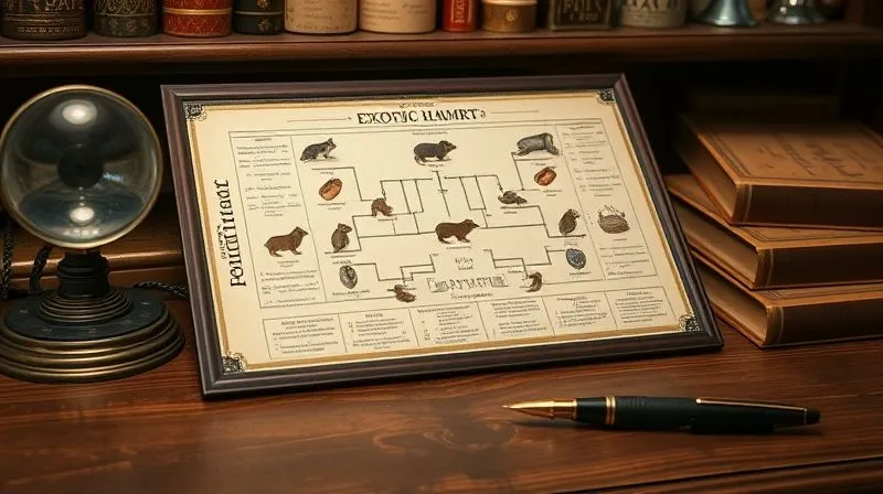 A photorealistic, professional photography image of a meticulously organized and detailed pedigree chart for an exotic hamster, displayed on a vintage wooden desk with a magnifying glass and a fountain pen, soft cinematic lighting, 8K, sharp focus, depth of field, shot on a high-end DSLR.