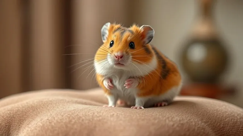 A photorealistic, professional photography shot of an exotic hamster in a luxurious, minimalist setting, perhaps on a velvet cushion or a polished wooden surface. The hamster is posed elegantly, showcasing its unique fur color and texture, with soft, directional cinematic lighting highlighting its features. The background is tastefully blurred, adding to the sense of exclusivity. 8K, sharp focus, depth of field, shot on a high-end DSLR.