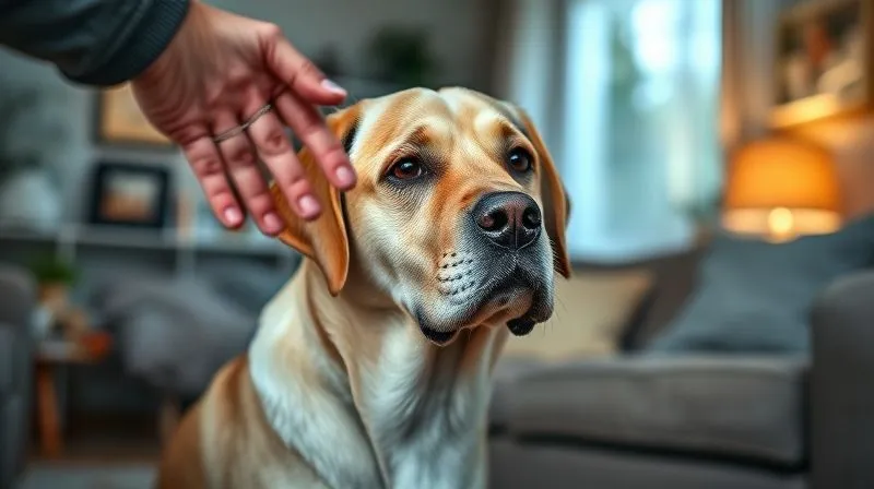 Photorealistic, professional photography, 8K, cinematic lighting, sharp focus, depth of field, shot on a high-end DSLR. A thoughtful senior dog, perhaps a Labrador, looking slightly confused in a familiar living room setting, with a gentle, concerned human hand reaching out to comfort it. The lighting is soft and warm, emphasizing empathy and the challenge of cognitive decline. Photorealistic, professional photography, 8K, cinematic lighting, sharp focus, depth of field, shot on a high-end DSLR. A thoughtful senior dog, perhaps a Labrador, looking slightly confused in a familiar living room setting, with a gentle, concerned human hand reaching out to comfort it. The lighting is soft and warm, emphasizing empathy and the challenge of cognitive decline.