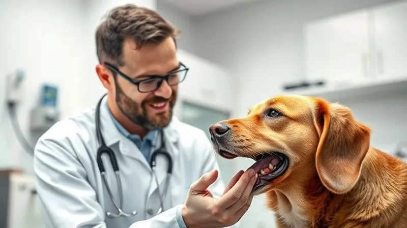 A photorealistic image of a concerned pet owner looking at their dog's teeth, with a veterinarian gently explaining dental health. The scene is set in a modern, clean veterinary clinic, with soft, natural lighting. Sharp focus on the interaction, depth of field blurring the background clinic details. 8K hyper-detailed, professional photography. A photorealistic image of a concerned pet owner looking at their dog's teeth, with a veterinarian gently explaining dental health. The scene is set in a modern, clean veterinary clinic, with soft, natural lighting. Sharp focus on the interaction, depth of field blurring the background clinic details. 8K hyper-detailed, professional photography.