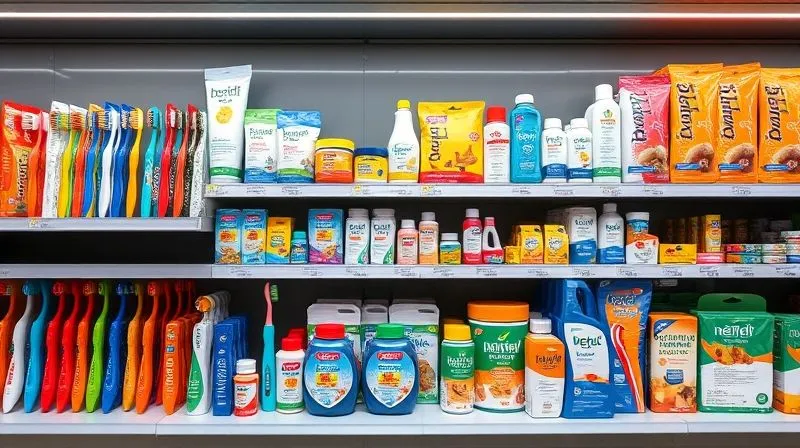 A photorealistic image of a sleek, modern pet store shelf brimming with a diverse array of colorful and innovative pet dental products: various sizes of toothbrushes, flavored toothpastes, enzymatic dental chews, and water additives. Clean, bright lighting, sharp focus on the product diversity. 8K hyper-detailed, professional photography. A photorealistic image of a sleek, modern pet store shelf brimming with a diverse array of colorful and innovative pet dental products: various sizes of toothbrushes, flavored toothpastes, enzymatic dental chews, and water additives. Clean, bright lighting, sharp focus on the product diversity. 8K hyper-detailed, professional photography.