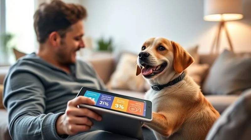 A photorealistic image of a pet owner interacting with their dog on a tablet, looking at an engaging infographic about pet dental health. The screen displays vibrant visuals and key statistics. The setting is a cozy, modern living room with soft, ambient light. Sharp focus on the tablet and the happy pet, depth of field. 8K hyper-detailed, professional photography. A photorealistic image of a pet owner interacting with their dog on a tablet, looking at an engaging infographic about pet dental health. The screen displays vibrant visuals and key statistics. The setting is a cozy, modern living room with soft, ambient light. Sharp focus on the tablet and the happy pet, depth of field. 8K hyper-detailed, professional photography.