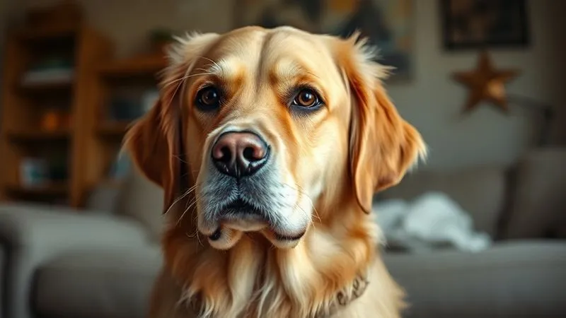 A photorealistic image of a wise, gentle senior Golden Retriever looking thoughtfully into the distance, with soft, concerned eyes, representing the vulnerability of aging pets. The background is a warm, comforting home environment. Cinematic lighting, sharp focus on the dog's face, depth of field. 8K hyper-detailed, professional photography. A photorealistic image of a wise, gentle senior Golden Retriever looking thoughtfully into the distance, with soft, concerned eyes, representing the vulnerability of aging pets. The background is a warm, comforting home environment. Cinematic lighting, sharp focus on the dog's face, depth of field. 8K hyper-detailed, professional photography.
