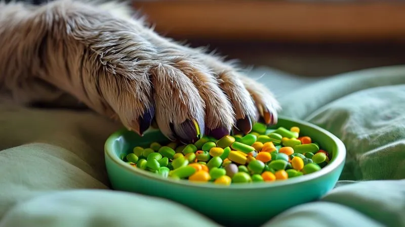 A close-up, photorealistic image of a senior dog's paw resting gently on a small, vibrant green bowl filled with various vegan joint supplements like algal oil capsules, glucosamine tablets, and MSM powder. The lighting is soft and natural, emphasizing the texture and detail of the supplements. Sharp focus on the supplements and the paw, with a blurred background of a cozy pet bed. Professional photography, 8K, shot on a high-end DSLR, conveying care and targeted nutrition.
