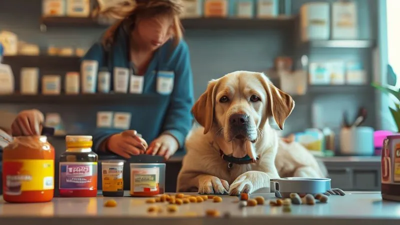 A photorealistic, professional photography shot of a veterinarian gently examining a senior labrador retriever during a check-up. The dog looks calm and healthy. On a counter in the background, there are dog food bowls and some supplements. Cinematic lighting highlights the interaction, sharp focus on the dog and vet, depth of field blurring the clinic background. 8K, shot on a high-end DSLR, conveying trust and professional care.