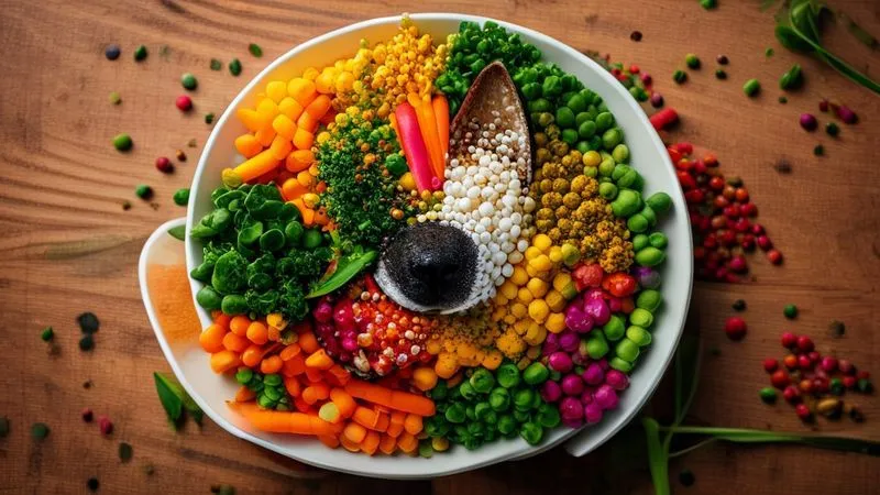A vibrant, photorealistic overhead shot of a beautifully arranged vegan dog meal, featuring colorful vegetables like carrots, peas, and spinach, alongside plant-based protein sources like lentils and quinoa, all artfully placed in a clean, modern dog bowl. Soft, natural light illuminates the food, making it look fresh and appealing. Sharp focus on the meal, with a blurred background of a wooden table. Professional photography, 8K, shot on a high-end DSLR, conveying health and thoughtful preparation.