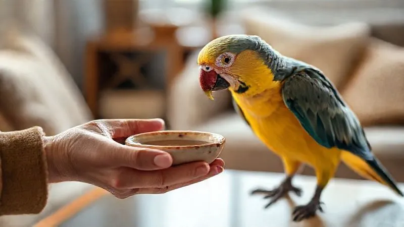 A photorealistic image showing a human hand gently offering a small, shallow ceramic bowl with warm water to an elderly parrot, which is cautiously approaching the bowl. The setting is a cozy, well-lit room, with soft light. 8K, sharp focus on the interaction, depth of field, professional photography, shot on a high-end DSLR, emphasizing trust and patience. A photorealistic image showing a human hand gently offering a small, shallow ceramic bowl with warm water to an elderly parrot, which is cautiously approaching the bowl. The setting is a cozy, well-lit room, with soft light. 8K, sharp focus on the interaction, depth of field, professional photography, shot on a high-end DSLR, emphasizing trust and patience.