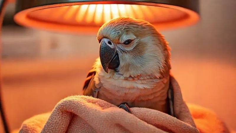 A photorealistic, professional photography image of an elderly parrot comfortably perched under a gentle, warm ceramic heat lamp (invisible light, only showing the effect of warmth), wrapped partially in a soft, dry towel. The bird looks relaxed, eyes half-closed. Cinematic lighting, sharp focus on the bird, depth of field blurring the background, 8K, shot on a high-end DSLR, conveying warmth, safety, and post-bath comfort. A photorealistic, professional photography image of an elderly parrot comfortably perched under a gentle, warm ceramic heat lamp (invisible light, only showing the effect of warmth), wrapped partially in a soft, dry towel. The bird looks relaxed, eyes half-closed. Cinematic lighting, sharp focus on the bird, depth of field blurring the background, 8K, shot on a high-end DSLR, conveying warmth, safety, and post-bath comfort.