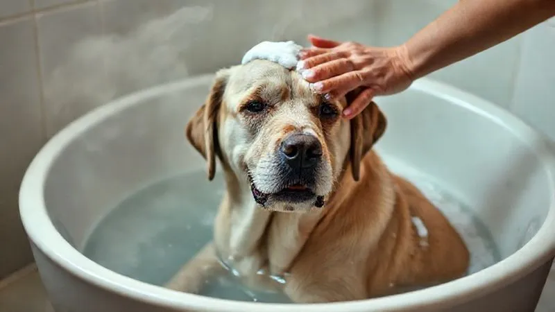 A photorealistic image of an elderly dog, a calm Labrador mix with a grey muzzle, sitting comfortably in a shallow bath. A human hand is gently lathering shampoo on the dog's back, avoiding joints, with a soft, caring touch. Warm steam rises, creating a serene and comfortable atmosphere. The dog's expression is relaxed, almost smiling, conveying trust and ease. professional photography, 8K, cinematic lighting, sharp focus, depth of field, shot on a high-end DSLR. A photorealistic image of an elderly dog, a calm Labrador mix with a grey muzzle, sitting comfortably in a shallow bath. A human hand is gently lathering shampoo on the dog's back, avoiding joints, with a soft, caring touch. Warm steam rises, creating a serene and comfortable atmosphere. The dog's expression is relaxed, almost smiling, conveying trust and ease. professional photography, 8K, cinematic lighting, sharp focus, depth of field, shot on a high-end DSLR.