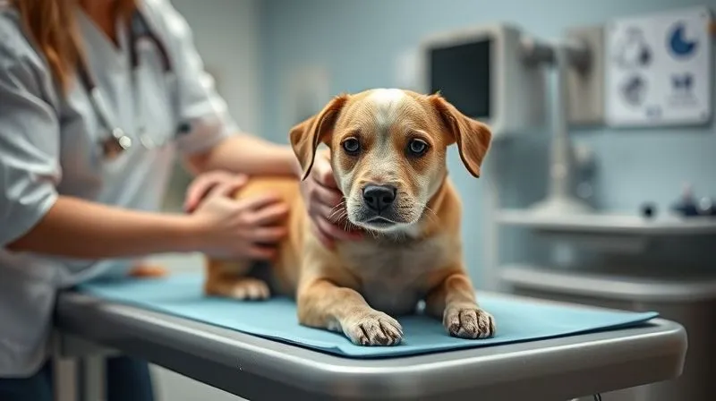 A photorealistic, professional photography image of a veterinarian gently examining an elderly dog on an examination table, with a concerned but hopeful owner looking on. Medical equipment is visible in the background, out of focus. Cinematic lighting, sharp focus on the dog and vet's hands, depth of field, 8K hyper-detailed, shot on a high-end DSLR.