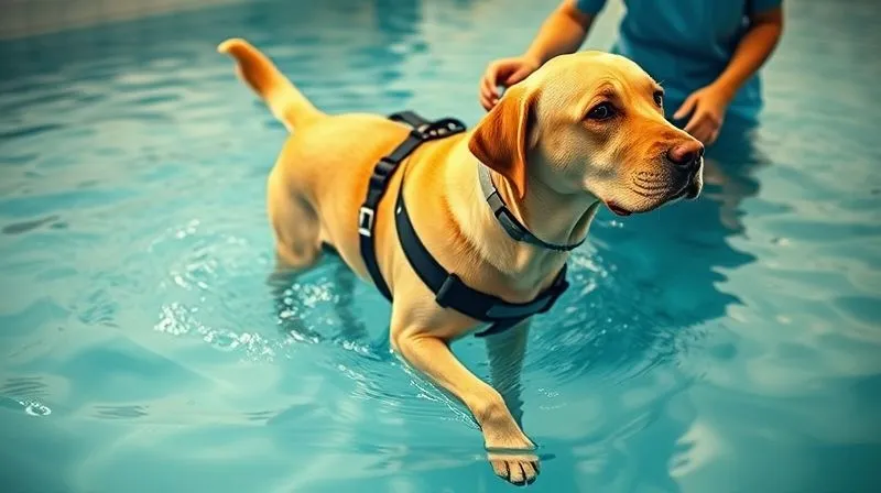 A photorealistic image of an elderly Labrador Retriever, wearing a specialized harness, gently walking in a shallow, warm water pool during a hydrotherapy session. A professional veterinary physiotherapist is supervising, offering support. Cinematic lighting, sharp focus on the dog and the therapist's interaction, depth of field, 8K hyper-detailed, professional photography, shot on a high-end DSLR.