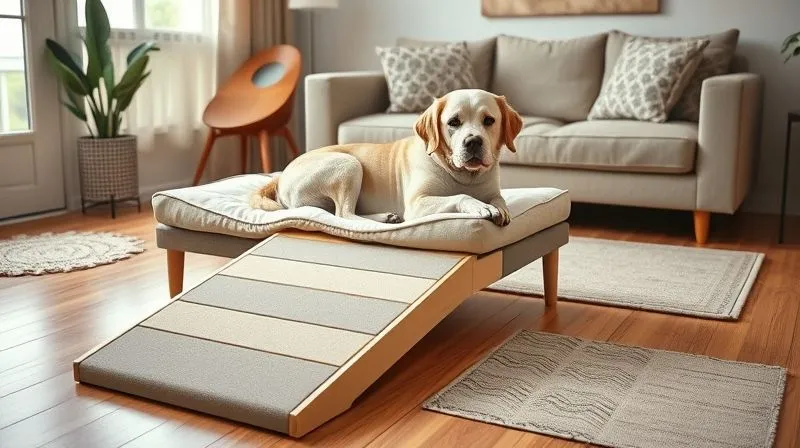 A photorealistic image of a cozy, adapted home environment for an elderly dog. A senior dog is comfortably resting on an orthopedic bed, with a gentle ramp leading to a low sofa. Non-slip rugs are visible on a wooden floor. The overall atmosphere is warm and inviting, with soft, natural lighting. Sharp focus on the dog and the adapted elements, depth of field, 8K hyper-detailed, professional photography, shot on a high-end DSLR.