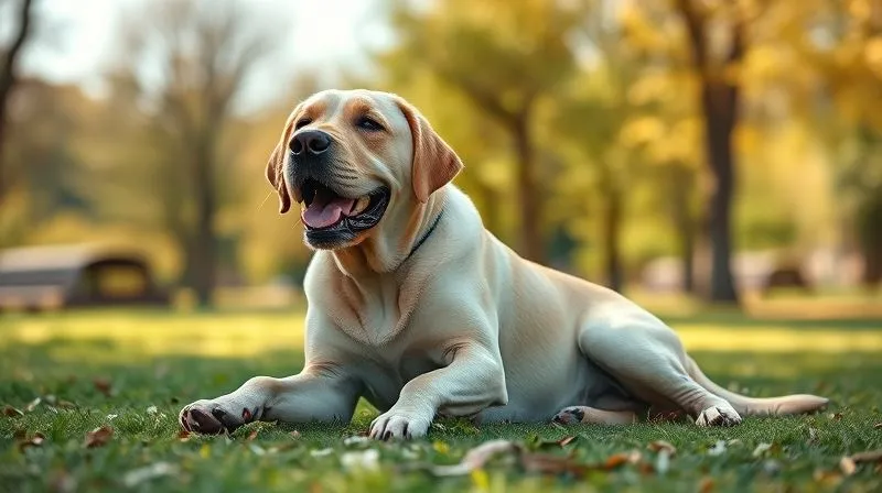 A photorealistic, professional photography, 8K, cinematic lighting, sharp focus, depth of field, shot on a high-end DSLR, of a robust, healthy senior Labrador Retriever, with well-defined musculature, playing gently in a sunny park, conveying vitality and joy.