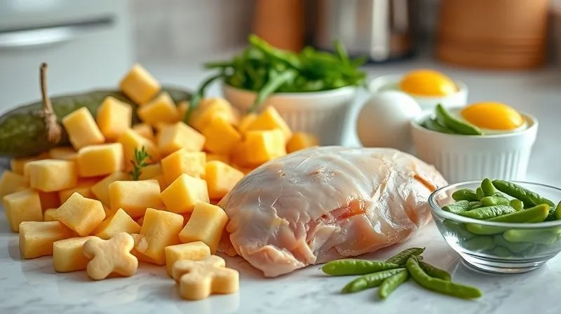 A photorealistic, professional photography, 8K, cinematic lighting, sharp focus, depth of field, shot on a high-end DSLR, depicting a clean kitchen counter with an array of fresh, wholesome ingredients for homemade dog treats: cooked chicken breast, sweet potato cubes, scrambled eggs, and a small bowl of cooked green beans, all neatly arranged and ready for preparation.