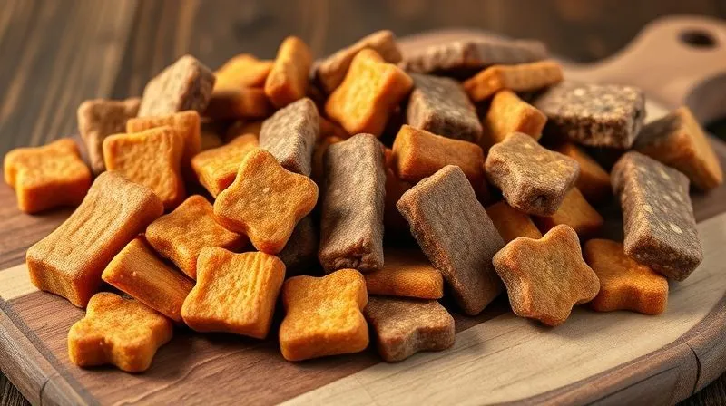 A photorealistic, professional photography, 8K, cinematic lighting, sharp focus, depth of field, shot on a high-end DSLR, showing an assortment of homemade dog treats – small, golden-brown chicken and sweet potato bites, savory meat and vegetable bars, and dried liver cubes – beautifully arranged on a rustic wooden board, looking appetizing and wholesome.