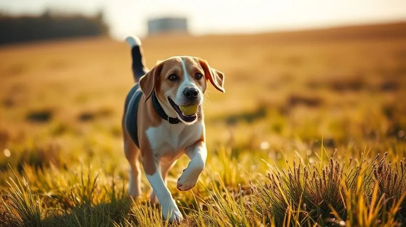 A photorealistic, professional photography, 8K, cinematic lighting, sharp focus, depth of field, shot on a high-end DSLR, capturing a happy senior dog, a beagle mix, gently trotting across a grassy field with a tennis ball in its mouth, sun-drenched, conveying renewed vitality and joy in movement.