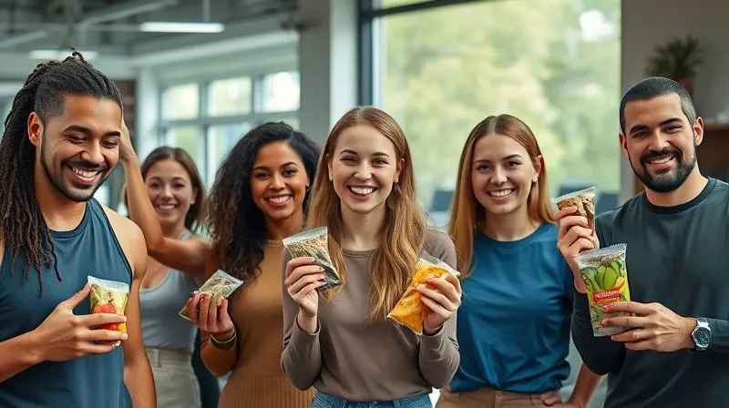 A photorealistic image showing a diverse group of happy, energetic people of different ages and backgrounds, each holding and enjoying a healthy protein snack in various settings: a gym, an office, a park, and a home kitchen. The image conveys satisfaction and well-being, with cinematic lighting and sharp focus on the people and snacks. Professional photography, 8K, depth of field, shot on a high-end DSLR.