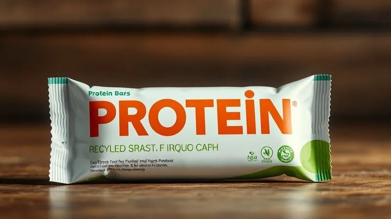 A photorealistic image of a sleek, modern, and eco-friendly protein snack packaging design. The packaging features clear, minimalist typography, natural color palettes, and a subtle texture suggesting recycled materials. The snack bar is partially visible, emphasizing freshness and quality. Cinematic lighting, sharp focus on the packaging details, depth of field blurring the background. Professional photography, 8K, shot on a high-end DSLR.
