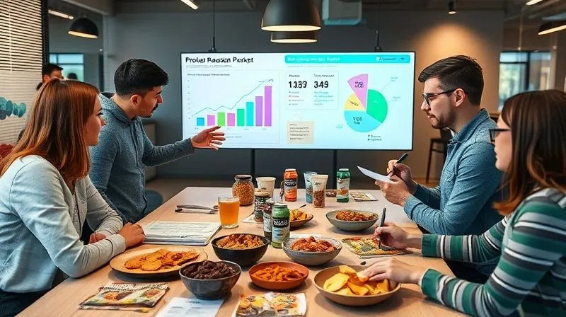 A photorealistic image depicting a modern product development team collaborating around a table filled with various protein snack prototypes and market research data. One team member points to a digital dashboard showing customer feedback trends, while another sketches new packaging ideas. The atmosphere is dynamic and innovative, with cinematic lighting and sharp focus on the team's interaction. Professional photography, 8K, depth of field, shot on a high-end DSLR.