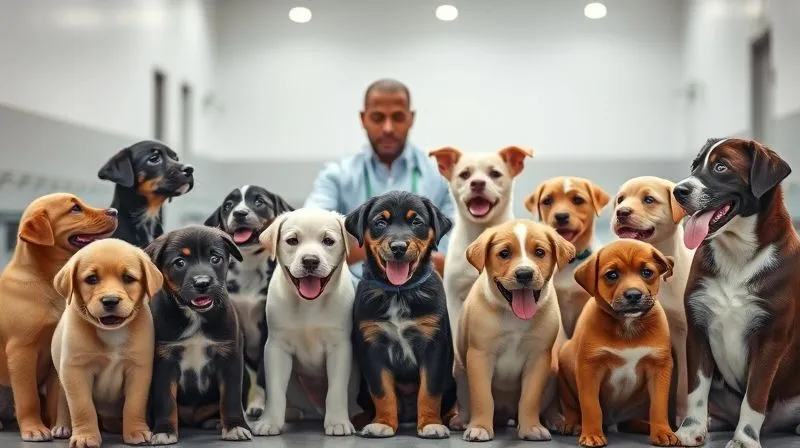 Photorealistic image of a diverse group of happy, well-behaved puppies (various breeds) calmly interacting in a structured, clean environment with soft lighting, observed by a professional trainer. 8K, sharp focus, cinematic lighting.