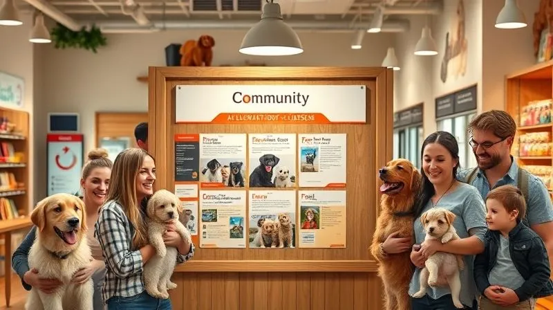 Photorealistic image of a vibrant community bulletin board in a modern pet store, featuring flyers for puppy socialization classes, surrounded by happy pet owners and their puppies. Warm, inviting lighting, sharp focus on the flyers. 8K, professional photography.