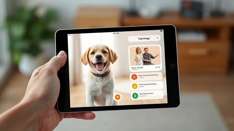 Photorealistic image of a sleek tablet displaying a modern pet training app interface, with a blurred background of a happy dog and owner. The tablet is held by a professional hand, soft studio lighting. 8K, sharp focus.