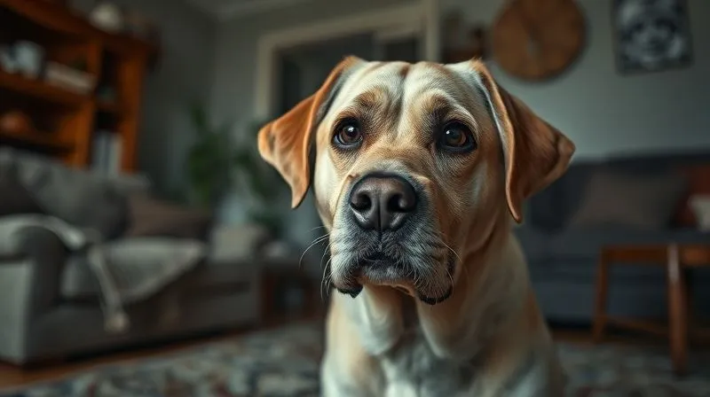 A photorealistic image of an elderly dog, possibly a Labrador or mixed breed, looking confused and slightly anxious in a familiar living room setting, perhaps staring blankly at a wall. The room is slightly disheveled, suggesting disorientation. Cinematic lighting with a hint of melancholy, sharp focus on the dog's eyes, depth of field blurring the background. Professional photography, 8K, shot on a high-end DSLR. A photorealistic image of an elderly dog, possibly a Labrador or mixed breed, looking confused and slightly anxious in a familiar living room setting, perhaps staring blankly at a wall. The room is slightly disheveled, suggesting disorientation. Cinematic lighting with a hint of melancholy, sharp focus on the dog's eyes, depth of field blurring the background. Professional photography, 8K, shot on a high-end DSLR.