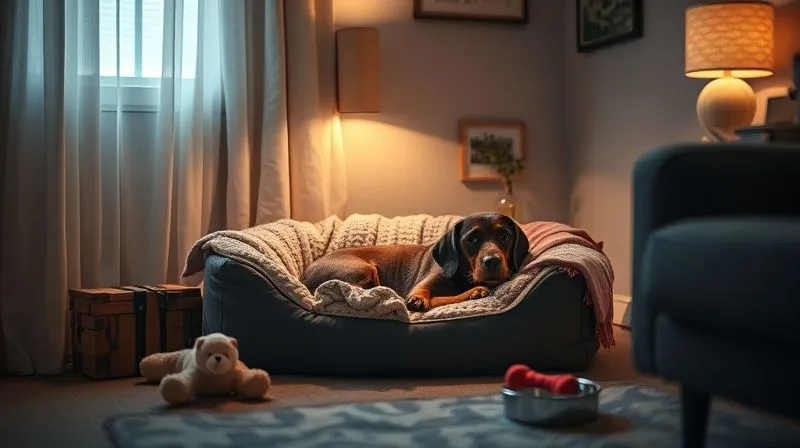 A photorealistic image of a cozy, dimly lit corner of a living room, designed as a pet sanctuary. A soft, orthopedic dog bed with familiar blankets. A gentle, warm lamp provides ambient light. No harsh shadows. A water bowl and a favorite, well-worn toy are nearby. Sharp focus on the comfort area, with a soft depth of field blurring the rest of the room. Professional photography, 8K, shot on a high-end DSLR. A photorealistic image of a cozy, dimly lit corner of a living room, designed as a pet sanctuary. A soft, orthopedic dog bed with familiar blankets. A gentle, warm lamp provides ambient light. No harsh shadows. A water bowl and a favorite, well-worn toy are nearby. Sharp focus on the comfort area, with a soft depth of field blurring the rest of the room. Professional photography, 8K, shot on a high-end DSLR.