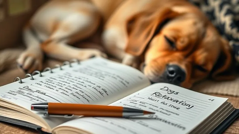 A photorealistic image of a detailed, open journal or notebook with handwritten notes about a dog's daily behavior and relaxation schedule. A pen rests on the page. In the background, slightly out of focus, an elderly dog is peacefully sleeping. Cinematic lighting, sharp focus on the journal, depth of field blurring the dog. Professional photography, 8K, shot on a high-end DSLR. A photorealistic image of a detailed, open journal or notebook with handwritten notes about a dog's daily behavior and relaxation schedule. A pen rests on the page. In the background, slightly out of focus, an elderly dog is peacefully sleeping. Cinematic lighting, sharp focus on the journal, depth of field blurring the dog. Professional photography, 8K, shot on a high-end DSLR.