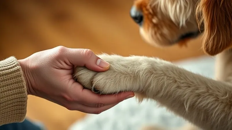 A photorealistic image of a human hand gently holding the paw of an elderly dog, symbolizing comfort and connection. The background is softly blurred, focusing on the tender interaction. The lighting is warm and empathetic, creating a sense of peace and understanding. Professional photography, 8K, shot on a high-end DSLR. A photorealistic image of a human hand gently holding the paw of an elderly dog, symbolizing comfort and connection. The background is softly blurred, focusing on the tender interaction. The lighting is warm and empathetic, creating a sense of peace and understanding. Professional photography, 8K, shot on a high-end DSLR.