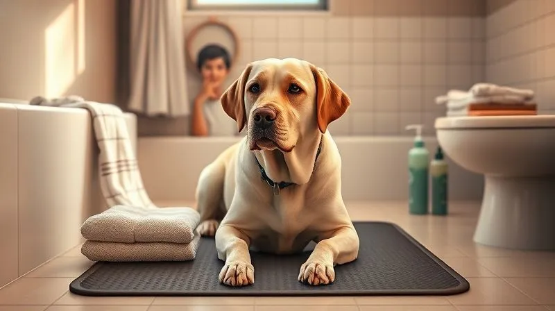Photorealistic image of a calm, elderly labrador dog sitting comfortably on a non-slip mat in a warm, well-lit bathroom. The owner is gently preparing bathing supplies, with soft towels and pet-specific shampoo visible. Cinematic lighting, sharp focus on the dog's relaxed posture, professional photography, 8K, depth of field.