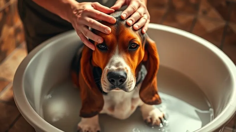 Photorealistic image of a kind owner gently washing the back of an elderly, calm Basset Hound in a shallow, padded tub. The owner's hands are soft, and the dog's expression is relaxed. Warm, diffused lighting, sharp focus on the interaction, professional photography, 8K, cinematic lighting, depth of field.